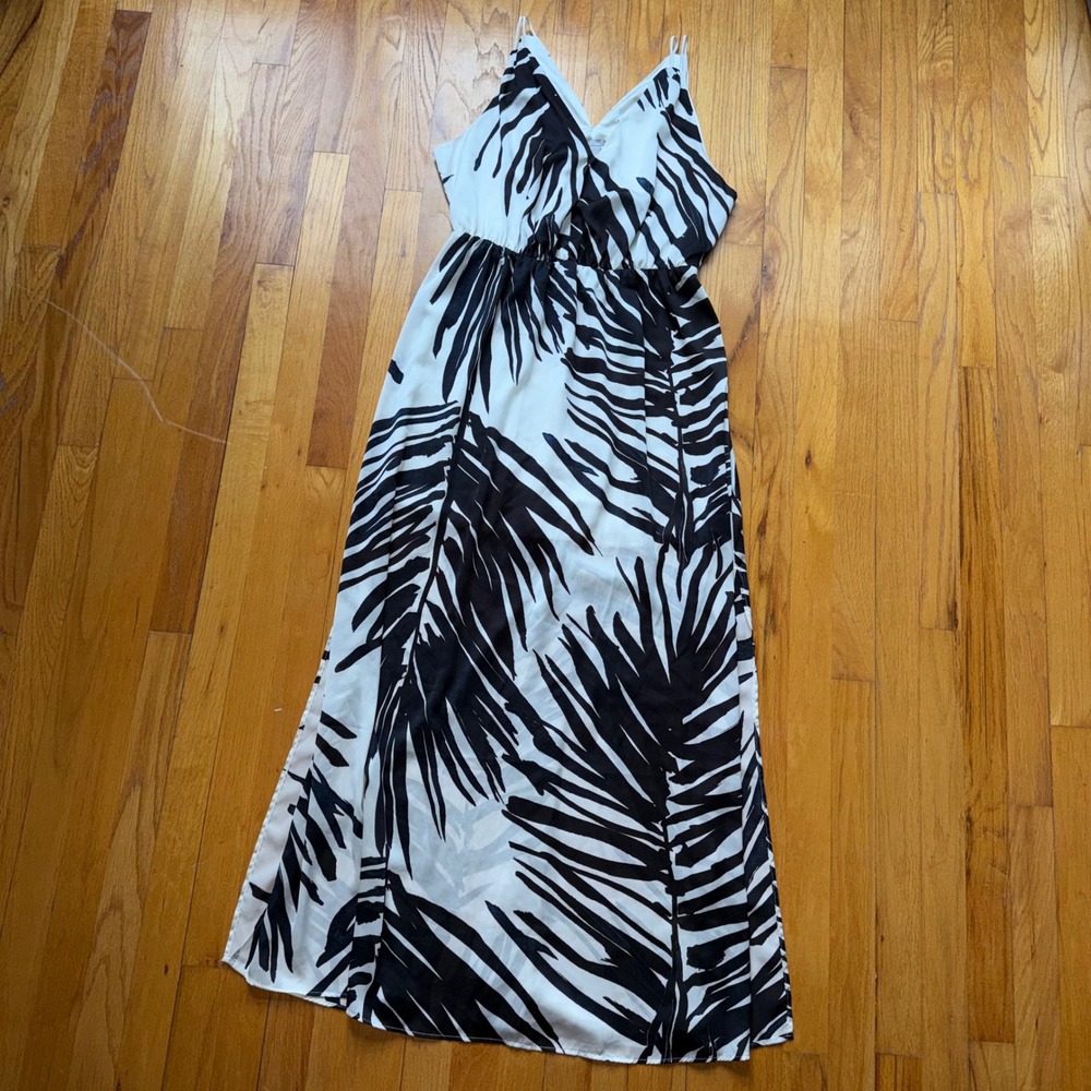 NEW H&M Women Black White‎ Palm Print V-Neck Maxi Dress 14 Tropical Summer Slit